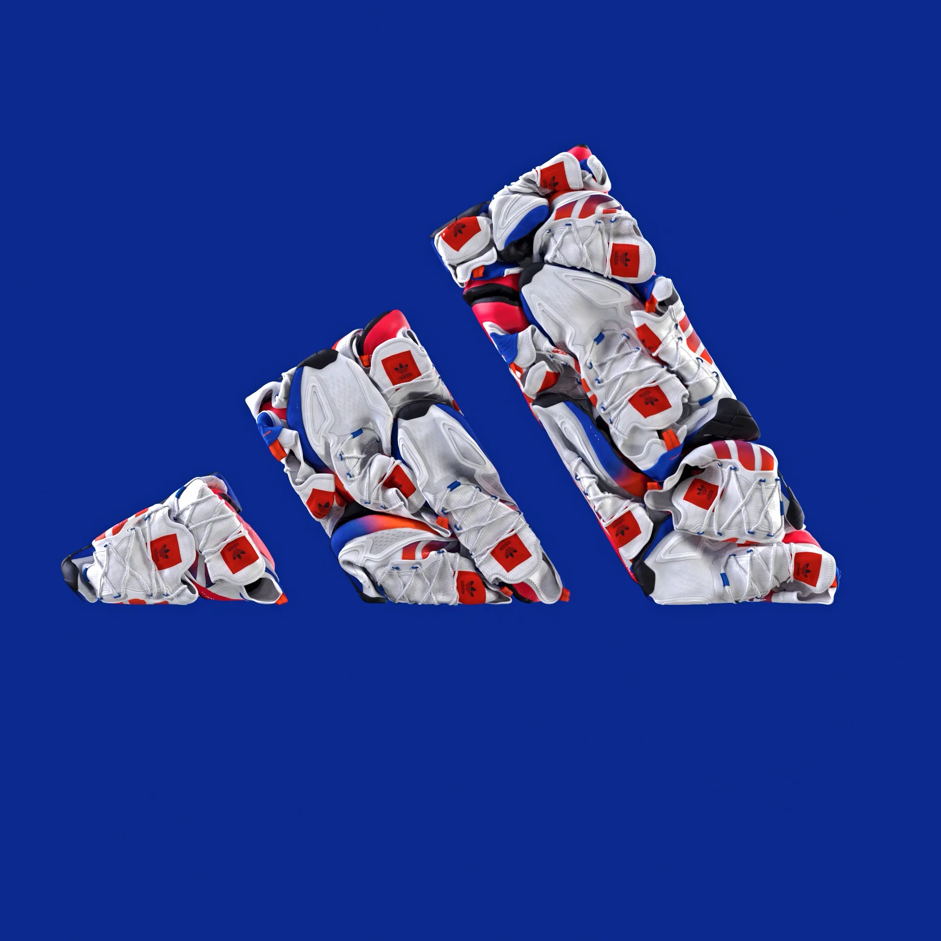 Adidas ZK 2K Boost campaign visual with surreal 3D logo made of sneakers, created for a high-energy animated commercial by Marco Mori